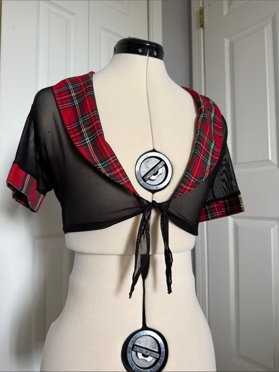 Tops - Black Sheer Tie-Front Crop Top with Red Plaid Trim